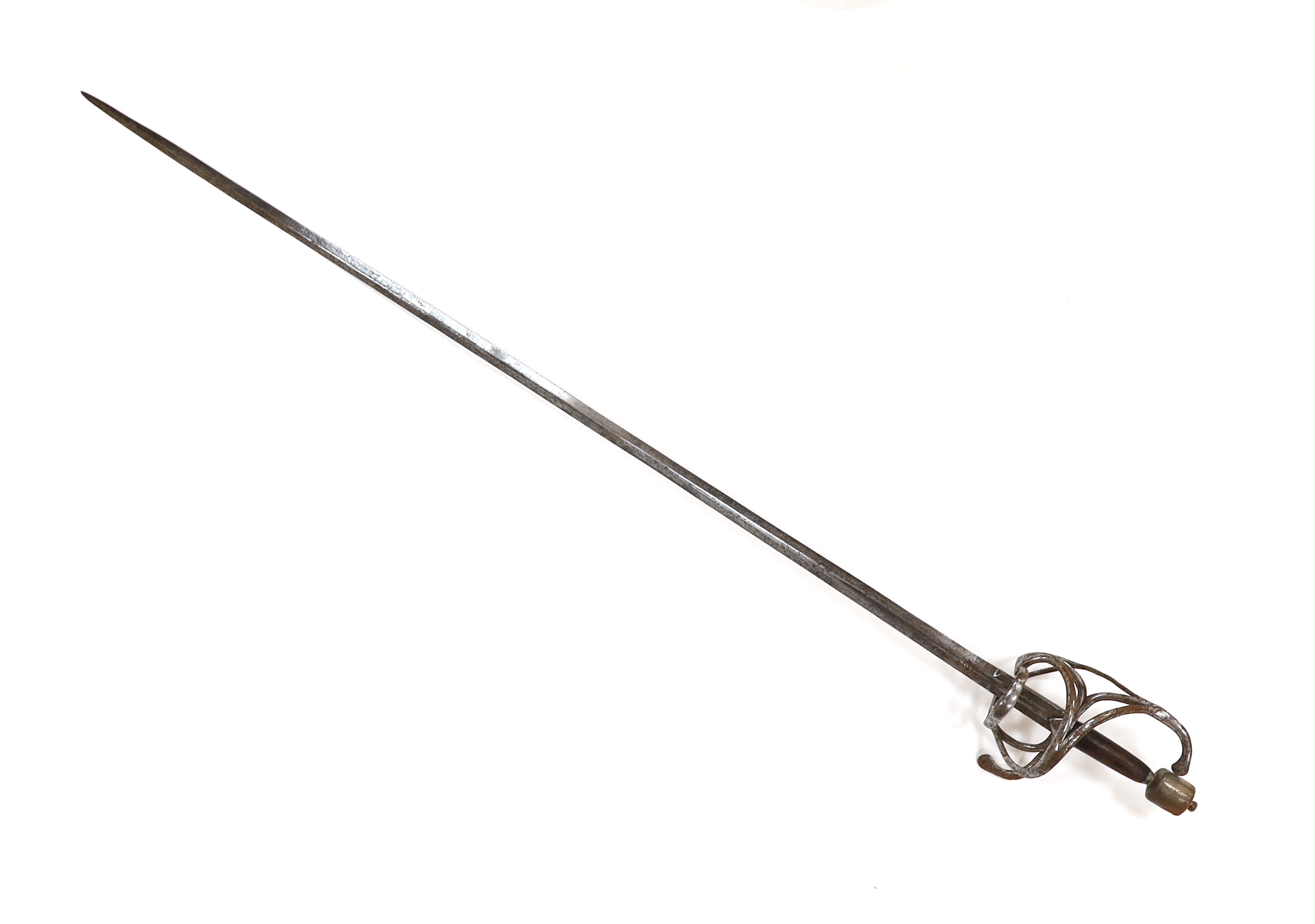 A swept hilt rapier, c.1620, blade fullered at the forte, iron guard of conventional form with later pommel and wooden grip, blade 113cm